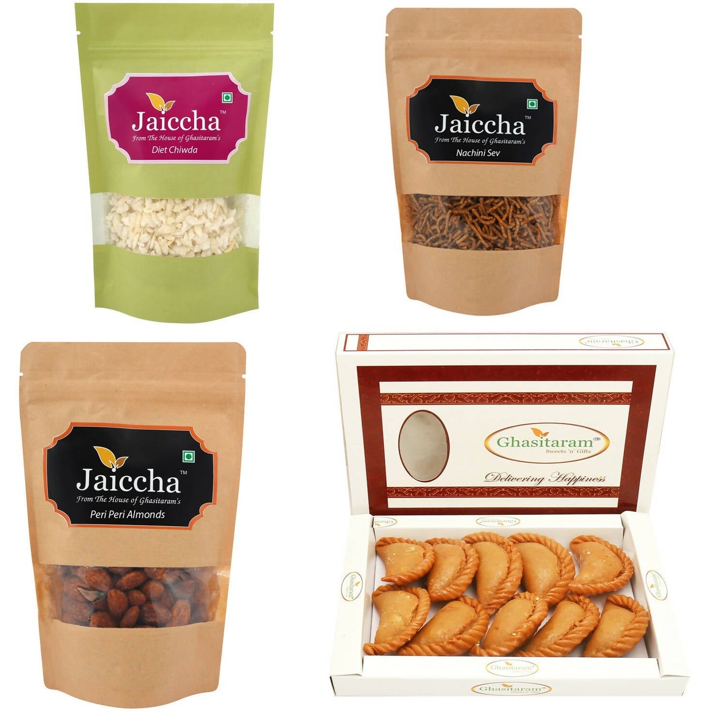Ghasitaram Holi Sweets Hamper Best of 4- Sugarfree Gujiya, Chiwda, Flavoured Almonds, Nachini Sev Pouches - Altcheeni