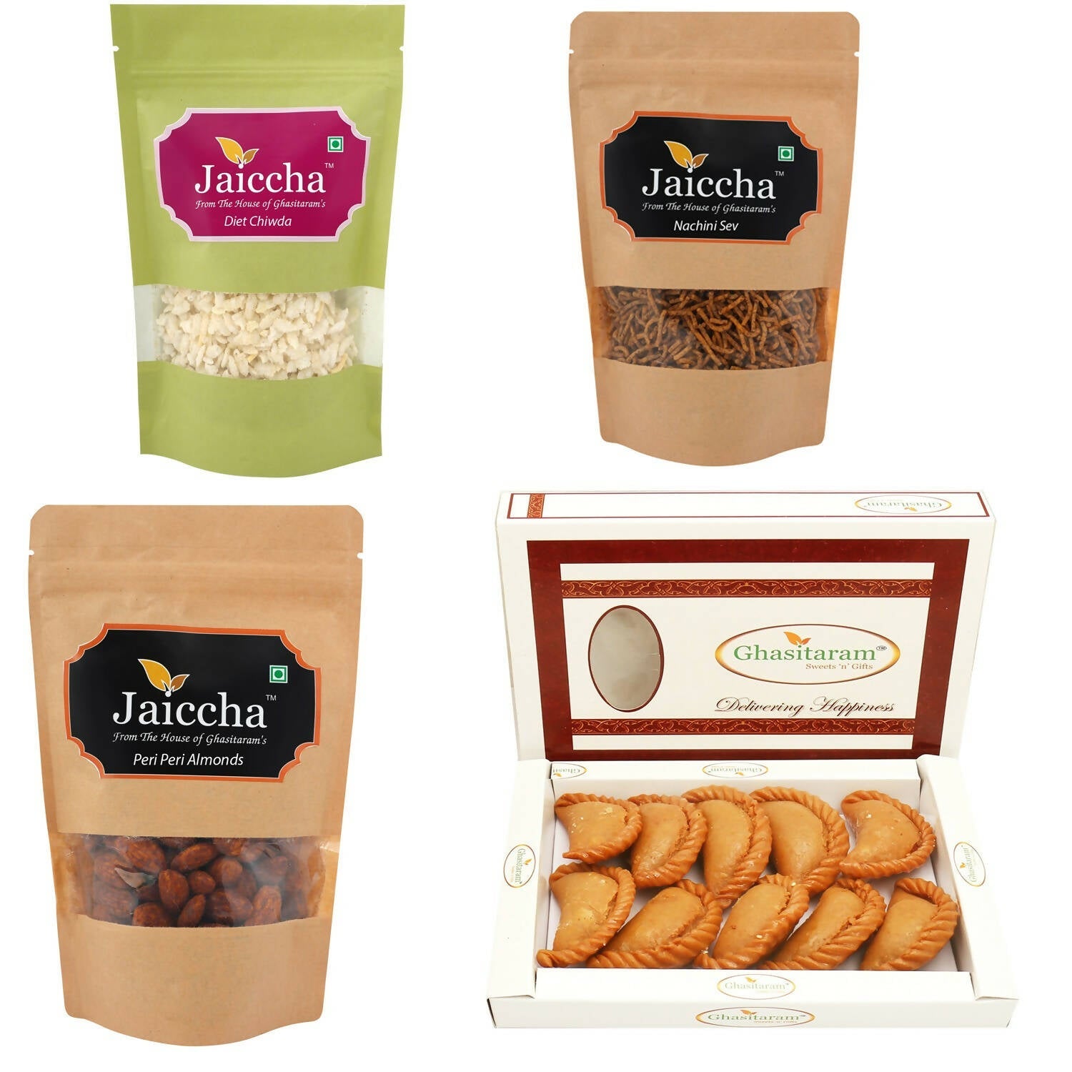 Ghasitaram Holi Sweets Hamper Best of 4- Sugarfree Gujiya, Chiwda, Flavoured Almonds, Nachini Sev Pouches - Altcheeni