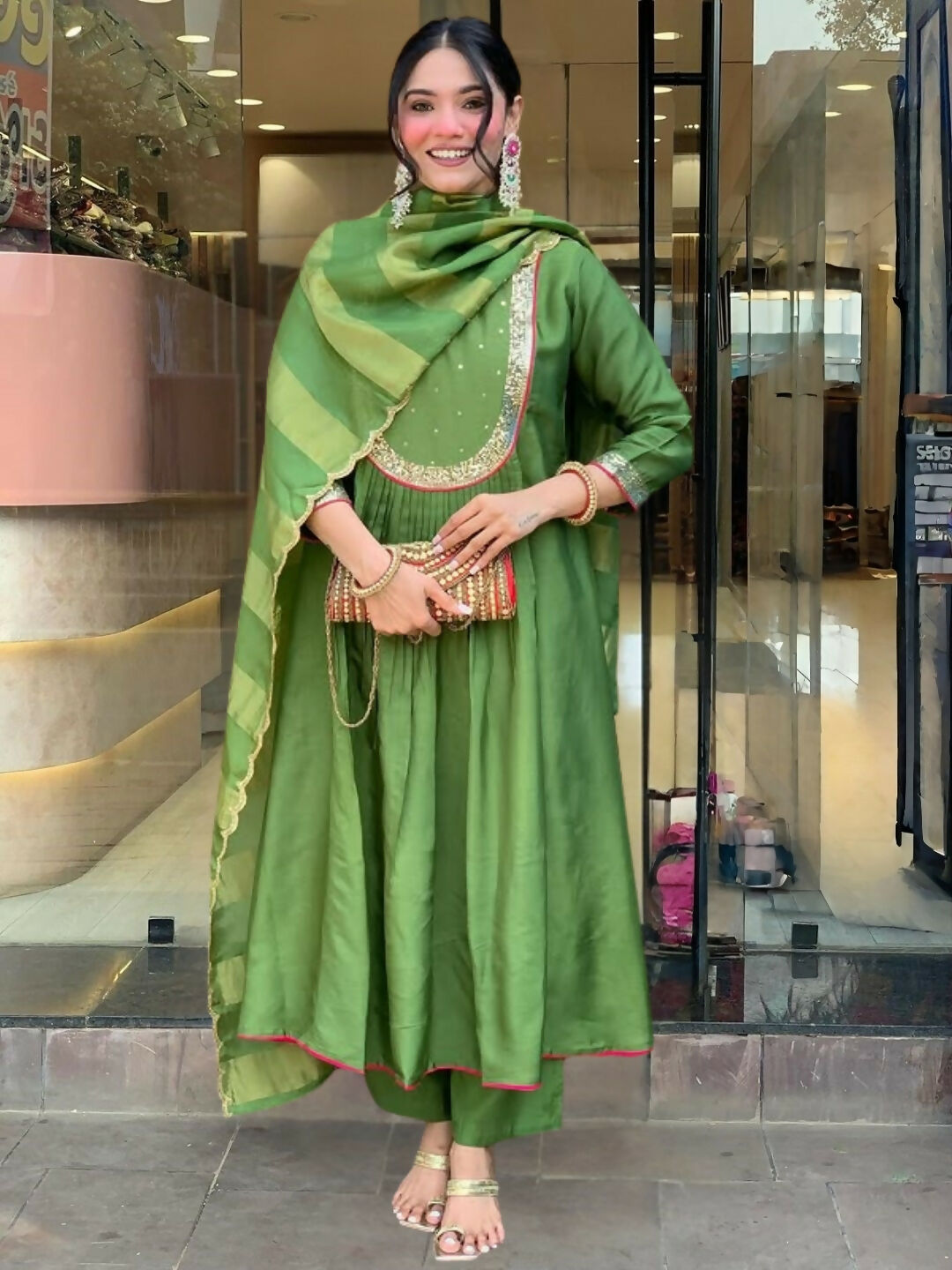 The52 Light Green Women's Gorgeous Embroidered Work Chanderi Fabric Flared Kurta Pant and Dupatta Set - Swadesiicart