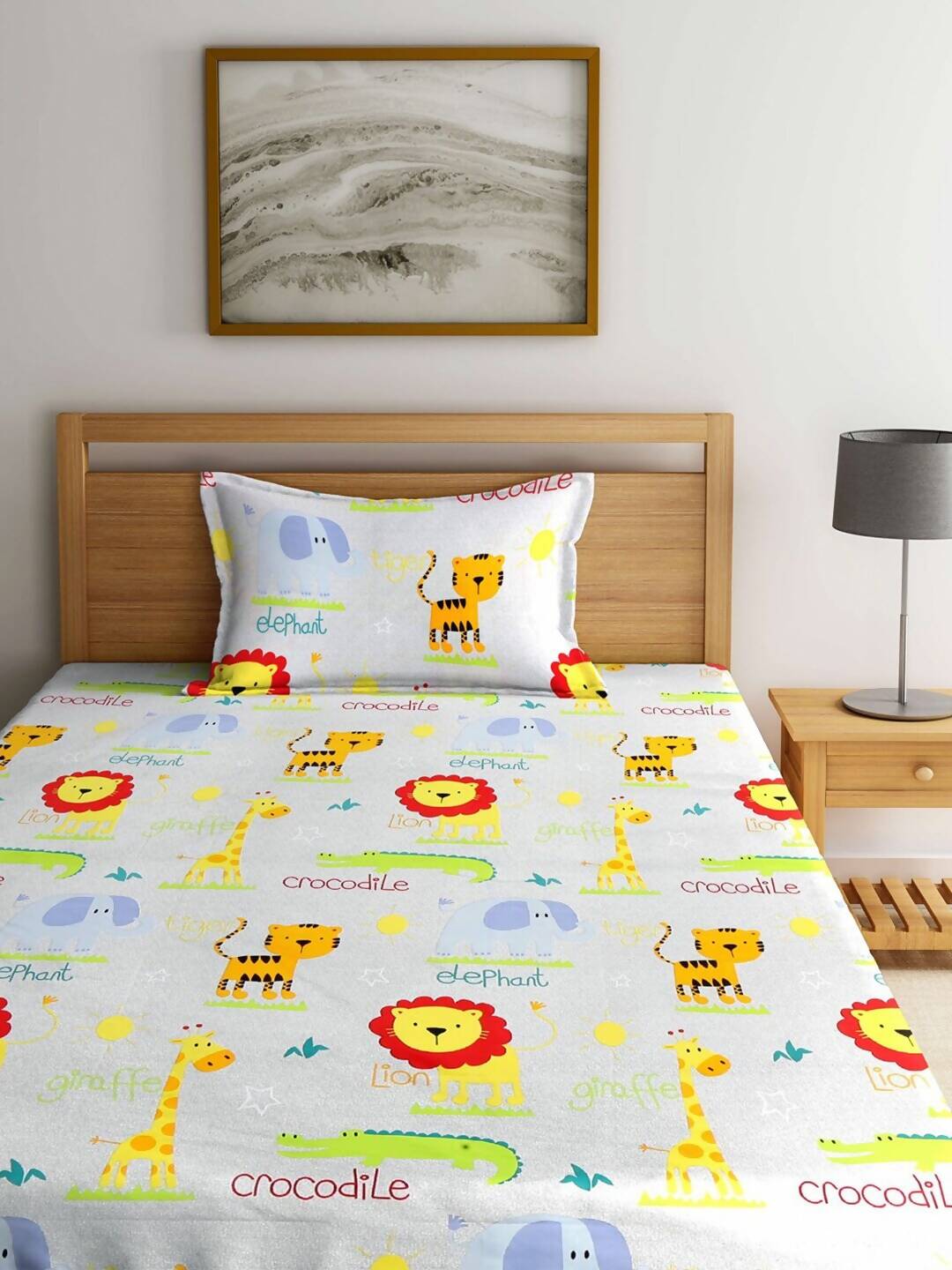 Home Sizzler White & Orange Cartoon Characters 210 TC Bedsheet with Pillow Covers - Swadesiicart