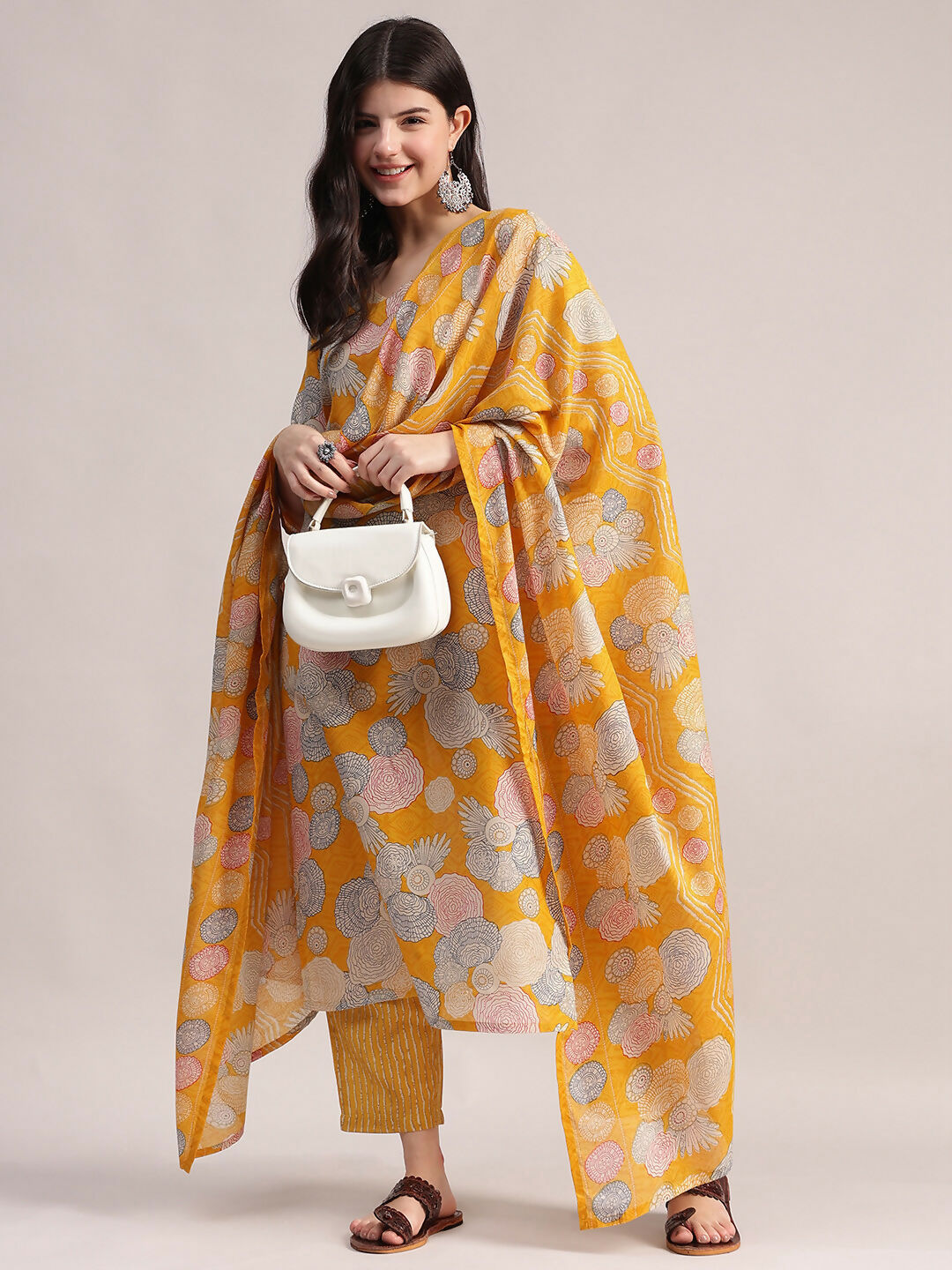 Aavyora Women Yellow Floral Printed Kurta with Striped Pants & Dupatta Set - Swadesiicart