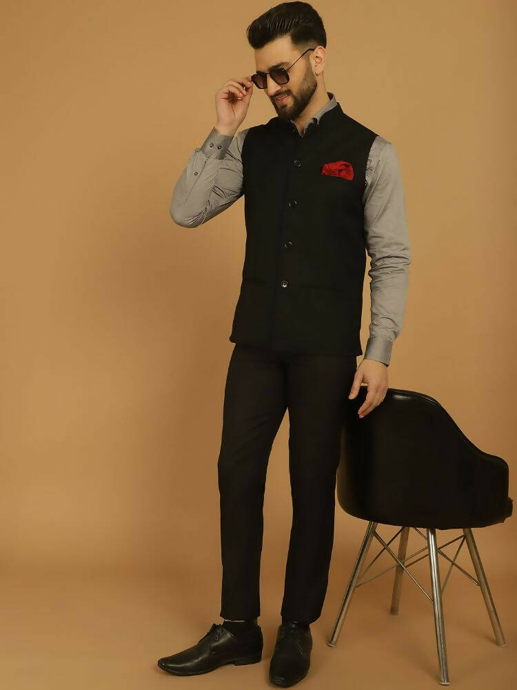 Even Apparels Nehru Jacket With Welt Pockets - Black | Swadesiicart