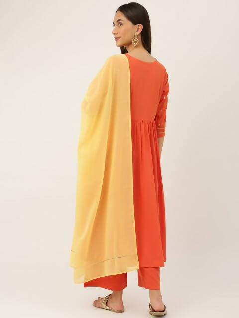FIORRA Women's Orange Poly Crepe Flared Kurta With Dupatta - Swadesiicart