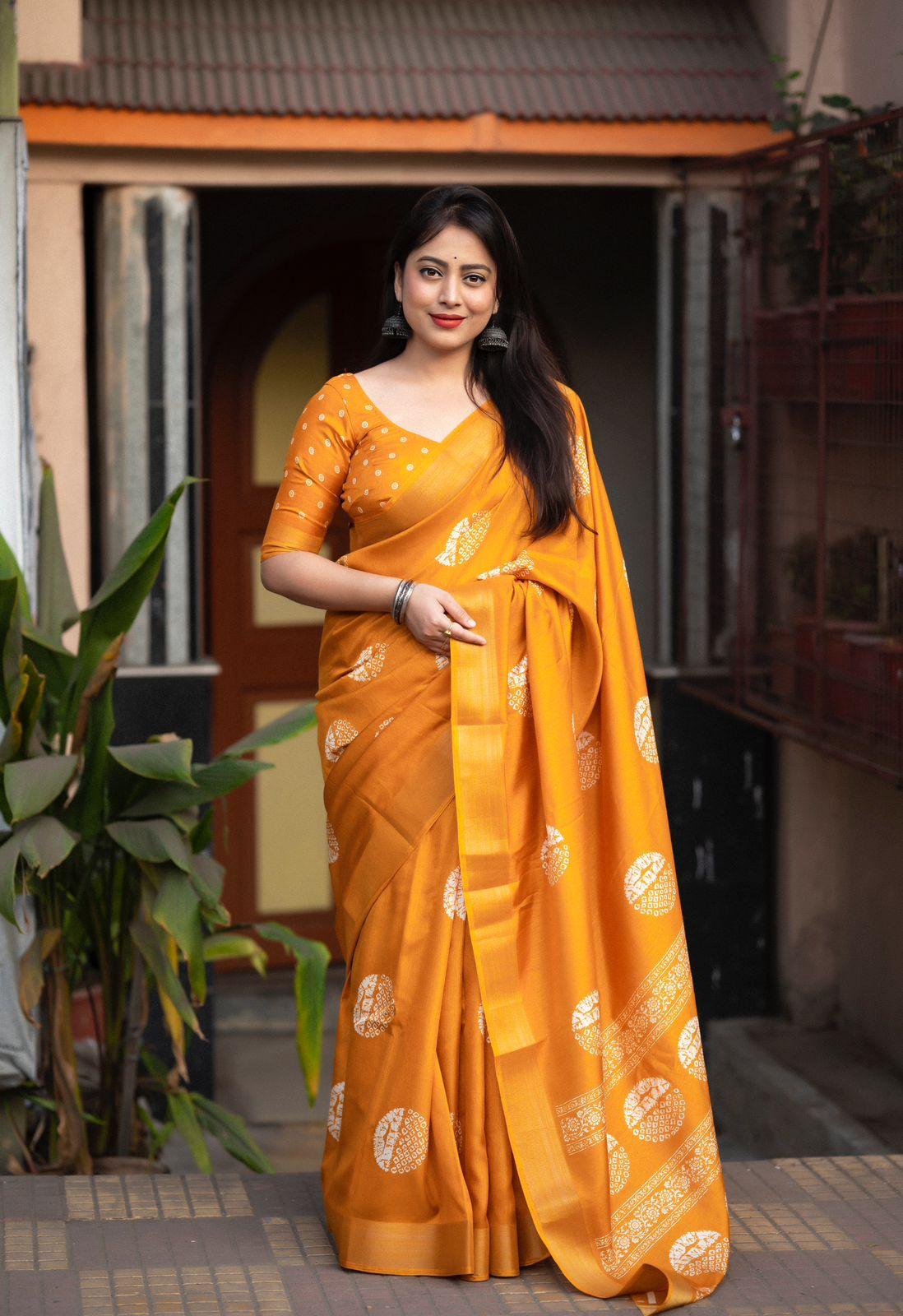 Mustard Cotton Crepe Batik Print Saree with Unstitched Blouse - Hiral Fashion | Swadesiicart