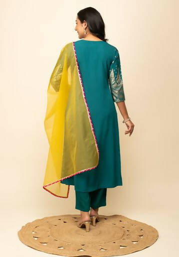 FIORRA Women's Teal Blue Crepe A-Line Kurta Pant with Dupatta - Swadesiicart