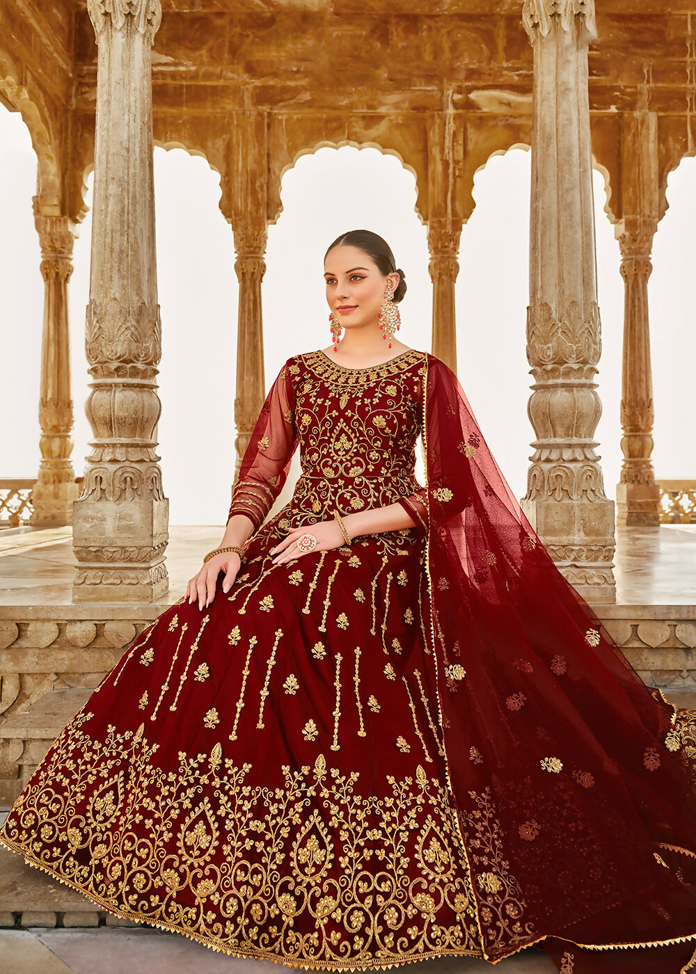 Heavy Stone Embroidered Maroon Designer Anarkali Suit - Emponline | Swadesiicart