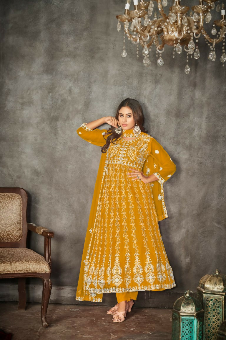 Jyoti Fashion Women's Yellow Net Embroidered Anarkali Kurta Pant Set With Dupatta | Swadesiicart