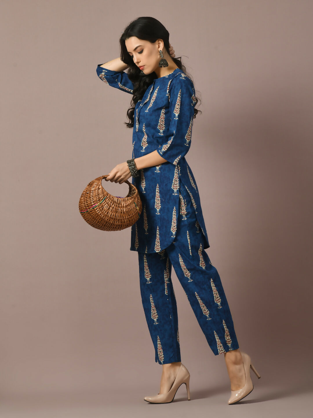 Myshka Women's Blue Printed Cotton Round Neck Party Tunic With Trousers Co-ord set - Swadesiicart