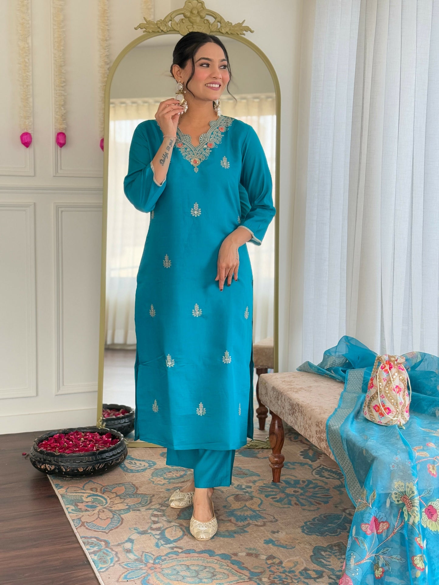 The52 Blue Women's Gorgeous Viscose Fabric Embroidered Work Straight Kurta, Pant and Dupatta Set - Swadesiicart