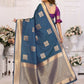 Anaita Navy Blue Soft Silk With Zari Weaving Borders Saree With Blouse
