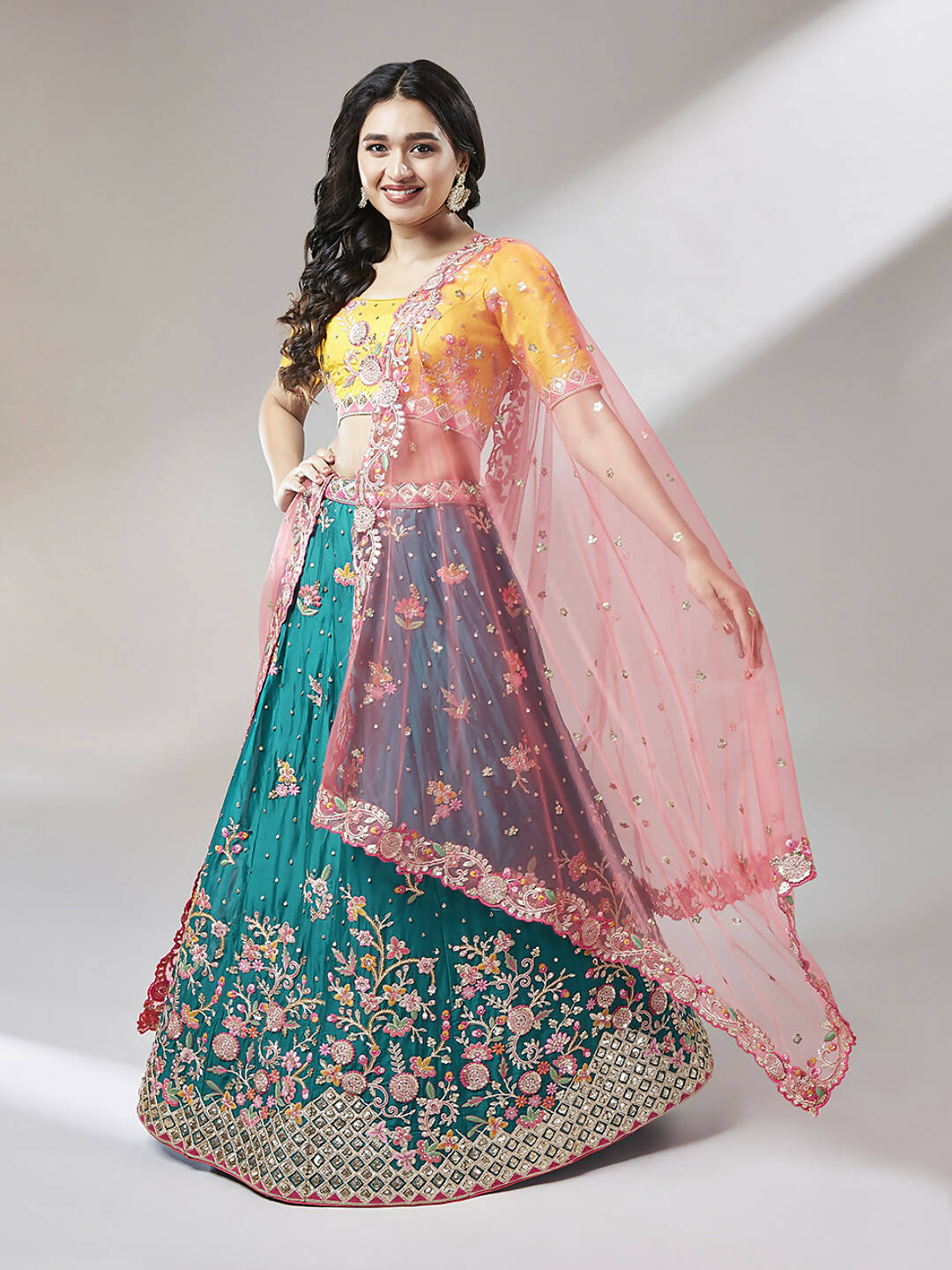 House of Panchhi Teal Pure Georgette Sequinse Work Lehenga & Blouse with Dupatta | Swadesiicart