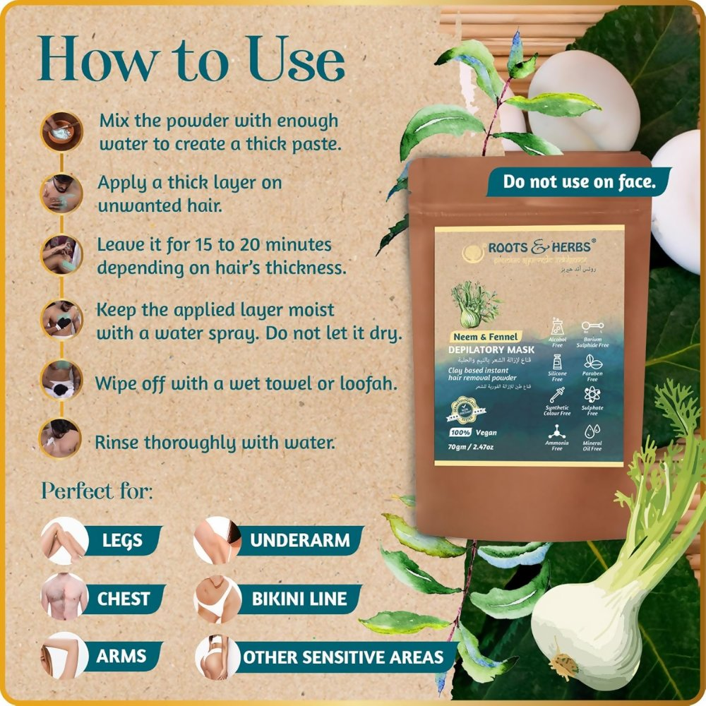 Roots and Herbs Neem and Fennel Depilatory Ubtan for Hair Removal - Swadesiicart