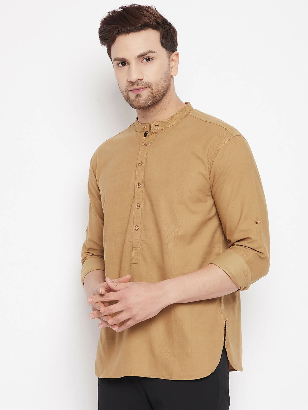 Even Apparels Beige Pure Cotton Short Men's Kurta With Band Collar | Swadesiicart