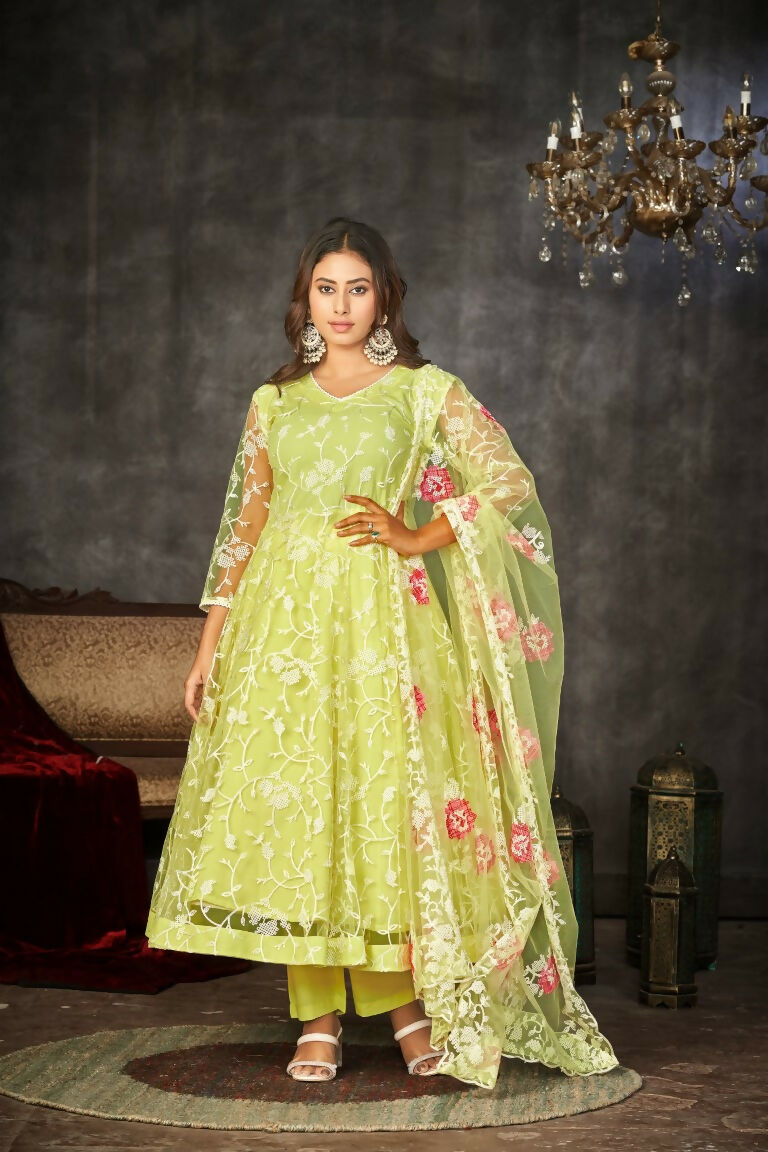 Jyoti Fashion Women's Pista Net Embroidered Anarkali Kurta Pant Set With Dupatta | Swadesiicart