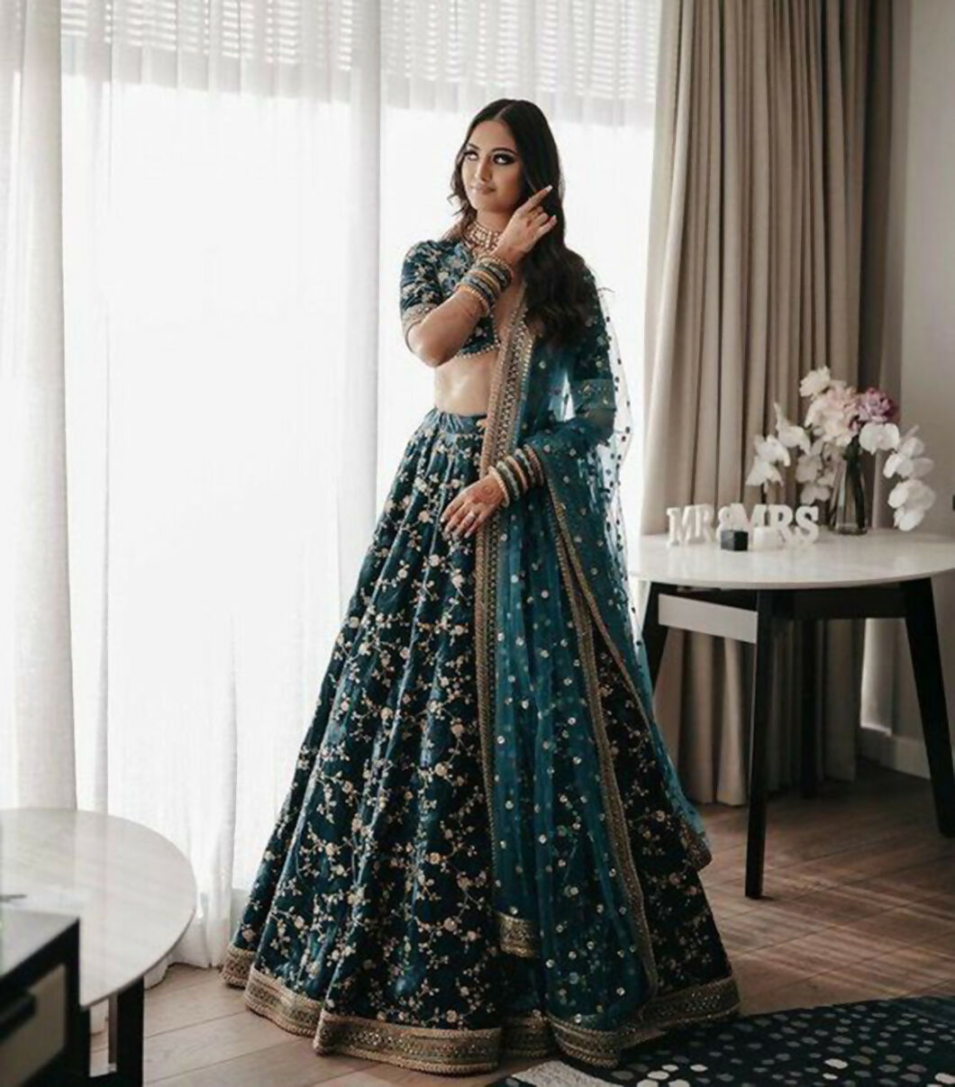 Jyoti Fashion Bottle Green Cording & Sequence Embroidery Velvet Lehenga Choli with Dupatta | Swadesiicart