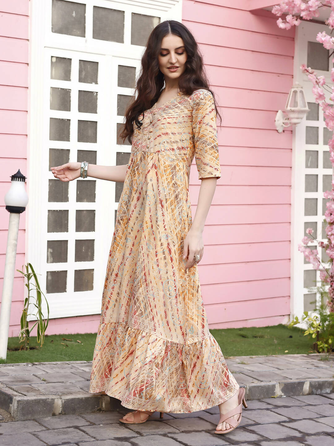 Peach Rayon Foil Printed Long Dress - Michan | Swadesiicart