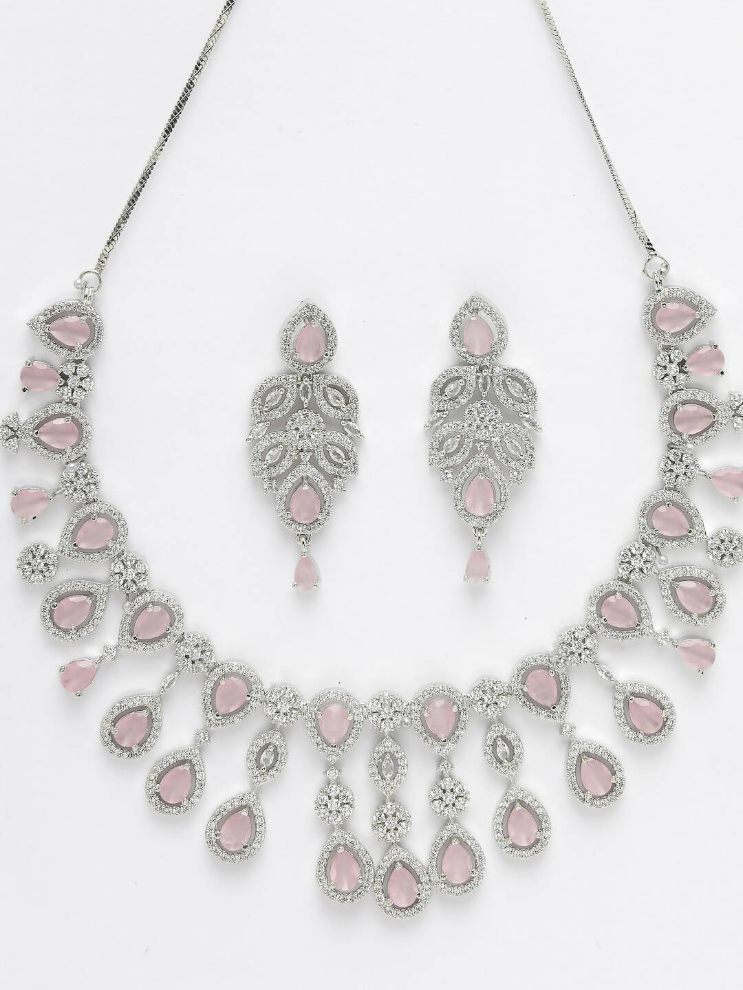 NVR Women Silver Plated & Pink Cz Stone Handcrafted Jewellery Set - Swadesiicart