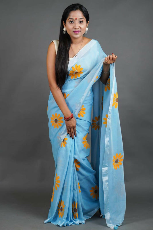 Exclusive Collection Sky Pure Cotton Saree With Sunflower Design - Swadesiicart