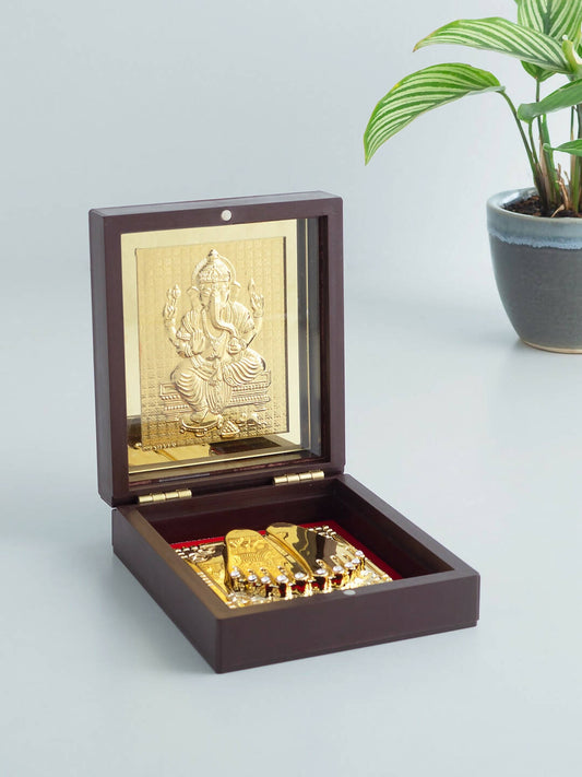 Golden Peacock 24-Ct Gold-Toned Gold Foil Ganesh Pooja Box | Swadesiicart