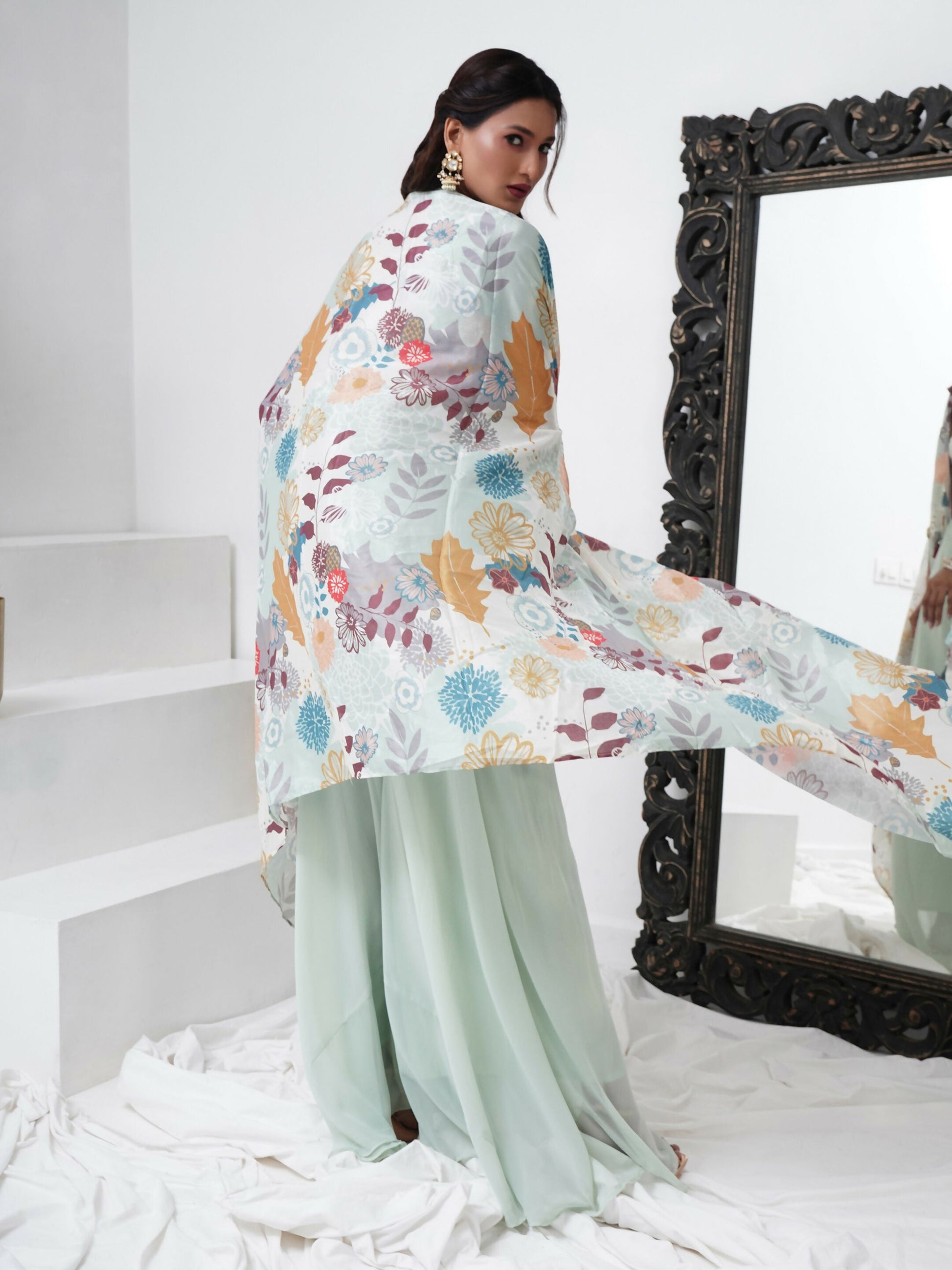 Sea Green Digital Chinon Handwork Top with Palazzo & Shrug - Naomika - Swadesiicart