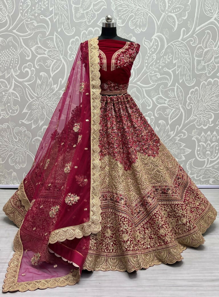 Jyoti Fashion Women's Rani Pink Velvet Fancy Dori & Sequins Multi Thread Embroidered with Diamond Work Wedding Lehenga Choli | Swadesiicart
