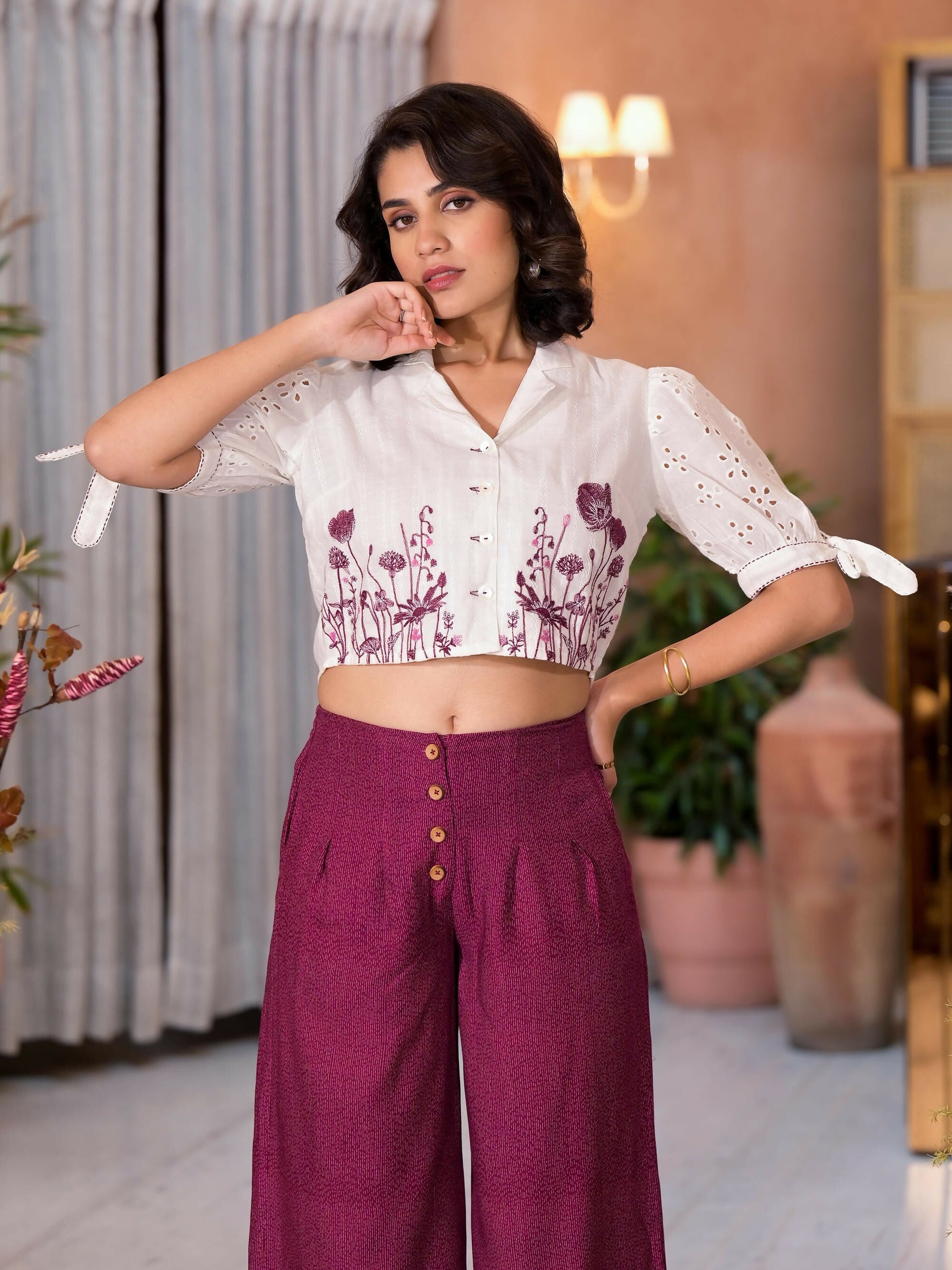 Juniper Women's Wine Thread Embroidered Cotton Shirt Crop Top & Pant Co-Ord Set With Buttons & Tie-ups - Swadesiicart
