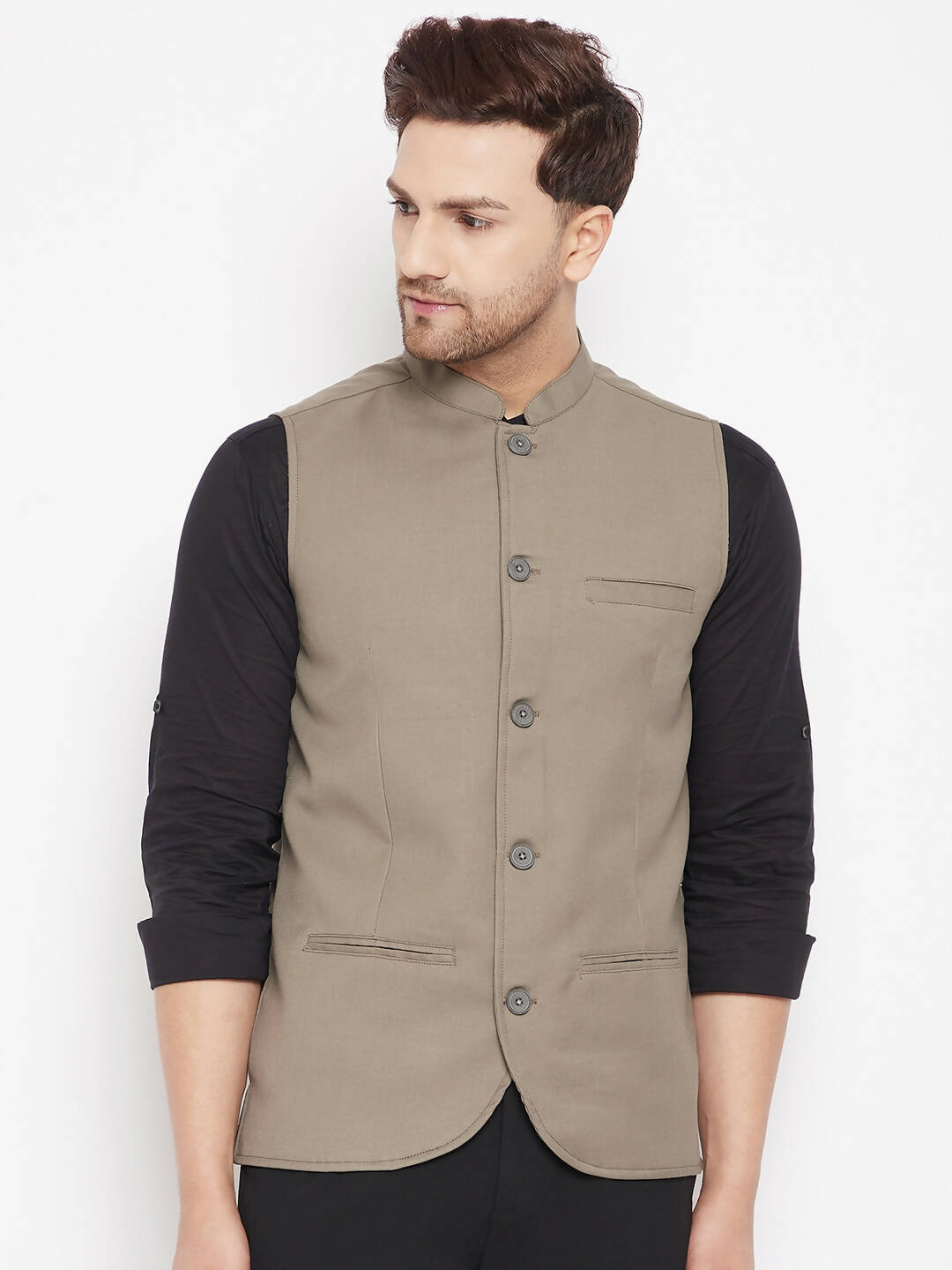 Even Apparels Beige Merino Men Woven Nehru Jacket | Swadesiicart