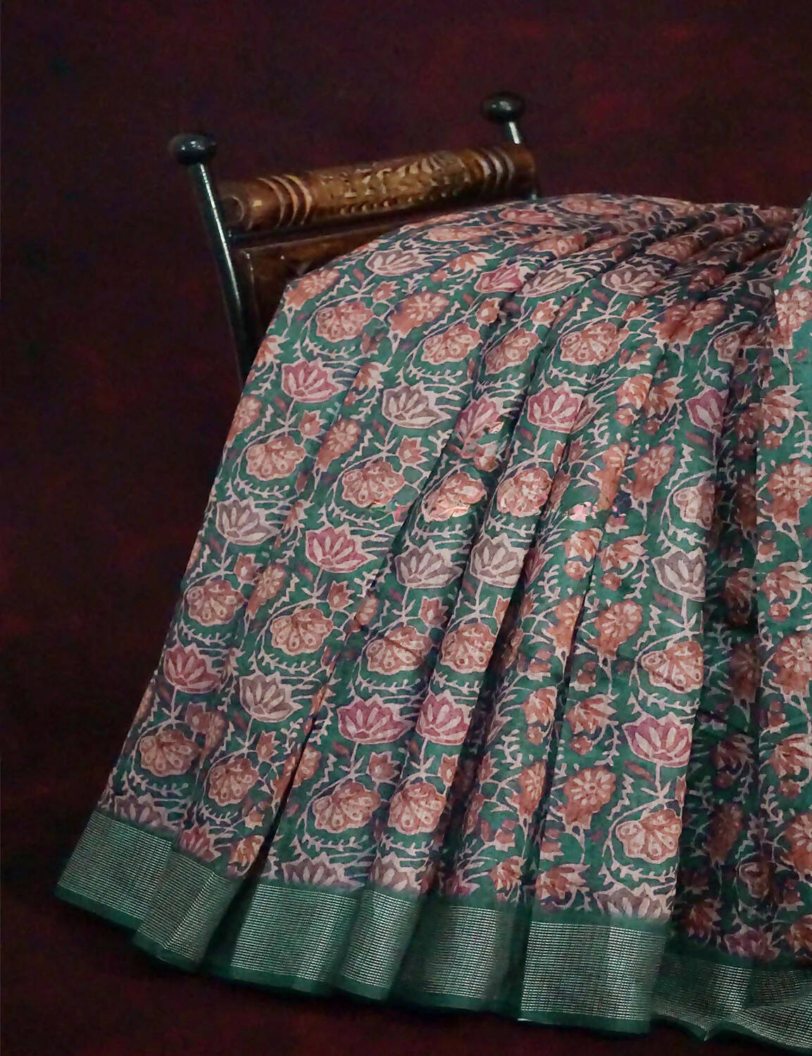 Light Green Lotus Print Semi Chanderi Saree By Gayathri Reddy Designer Studio | Swadesiicart