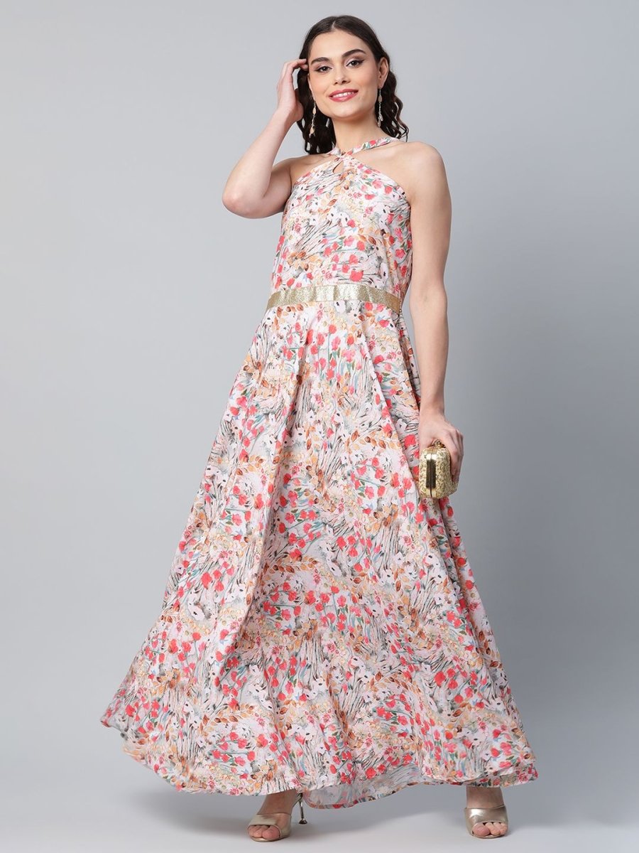 Ahalyaa Women Crepe Printed Classic White Romantic Florals Dress | Swadesiicart