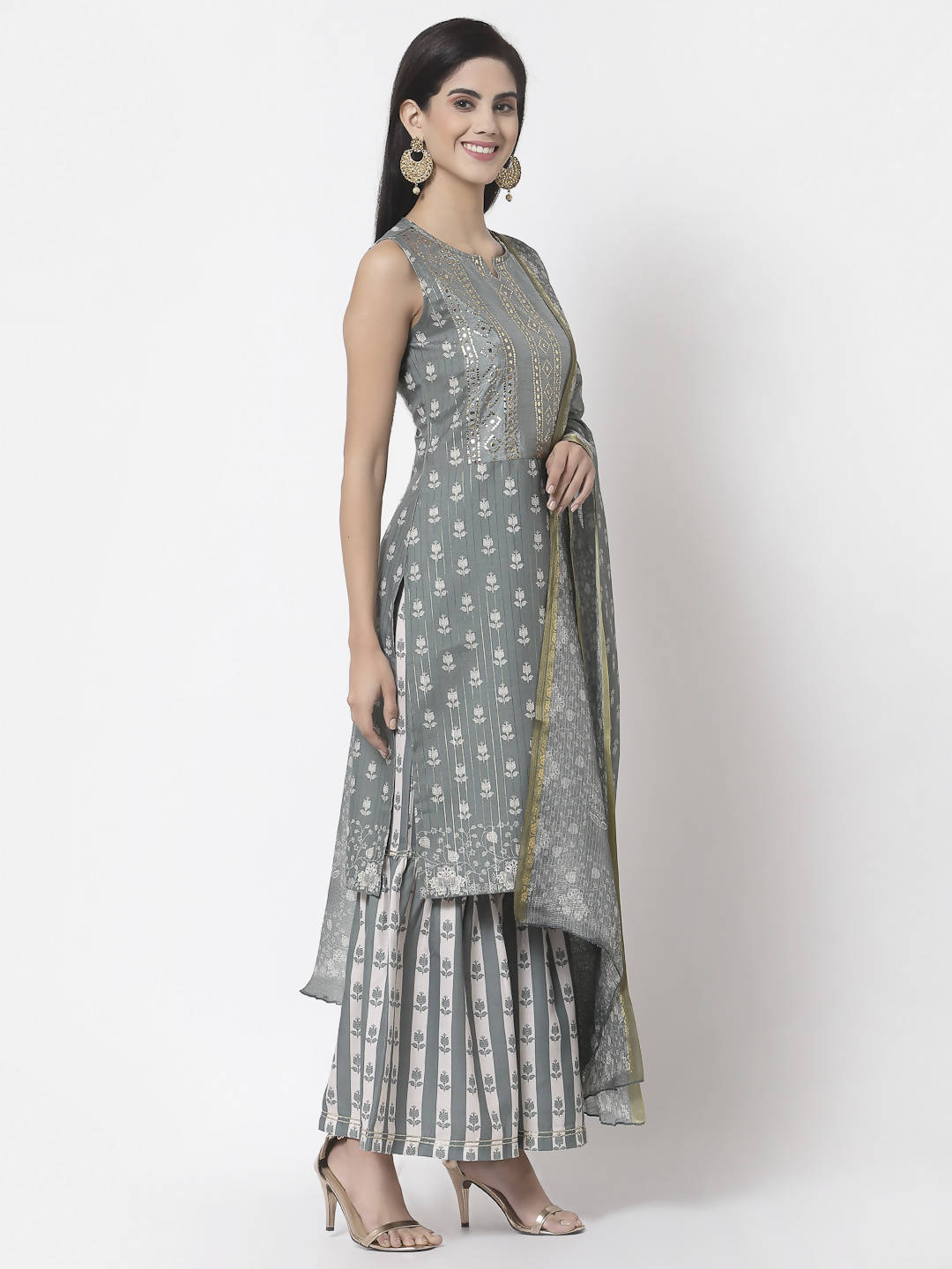 Myshka Women Grey Cotton Blend Printed Sleeveless Round Neck Kurta With Sharara & Dupatta Set | Swadesiicart