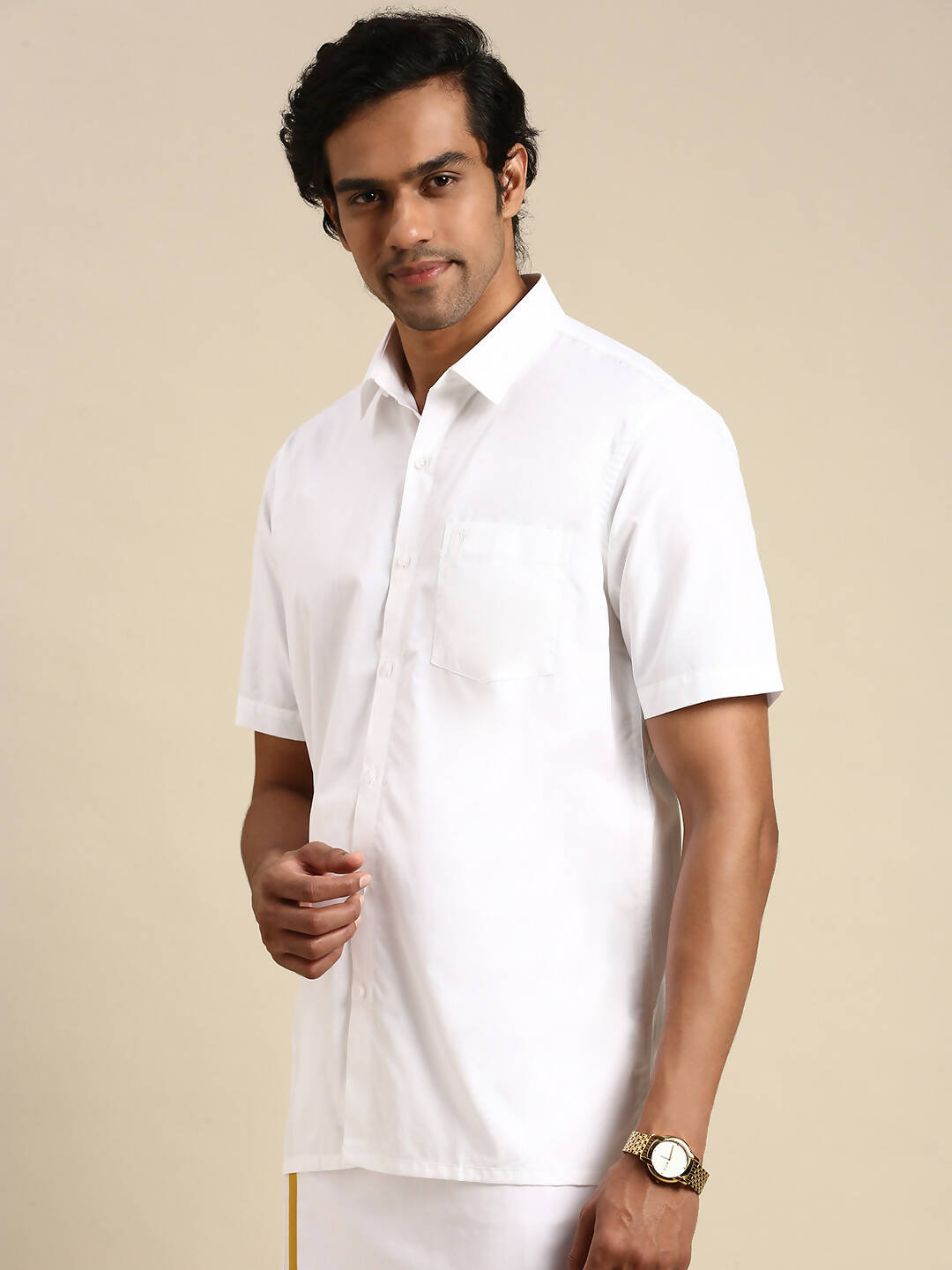 Ramraj Cotton Mens Half Sleeve Formal 100 % Cotton White Shirt | Swadesiicart