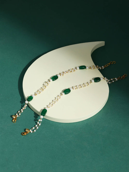 Gold-Polished White Green Pearl Beaded Anklets - Ruby Raang | Swadesiicart