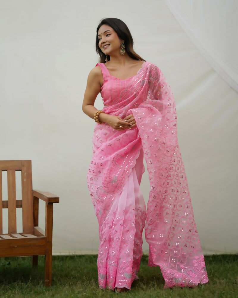 Vamsee Ayra Pink Organza Saree - Swadesiicart