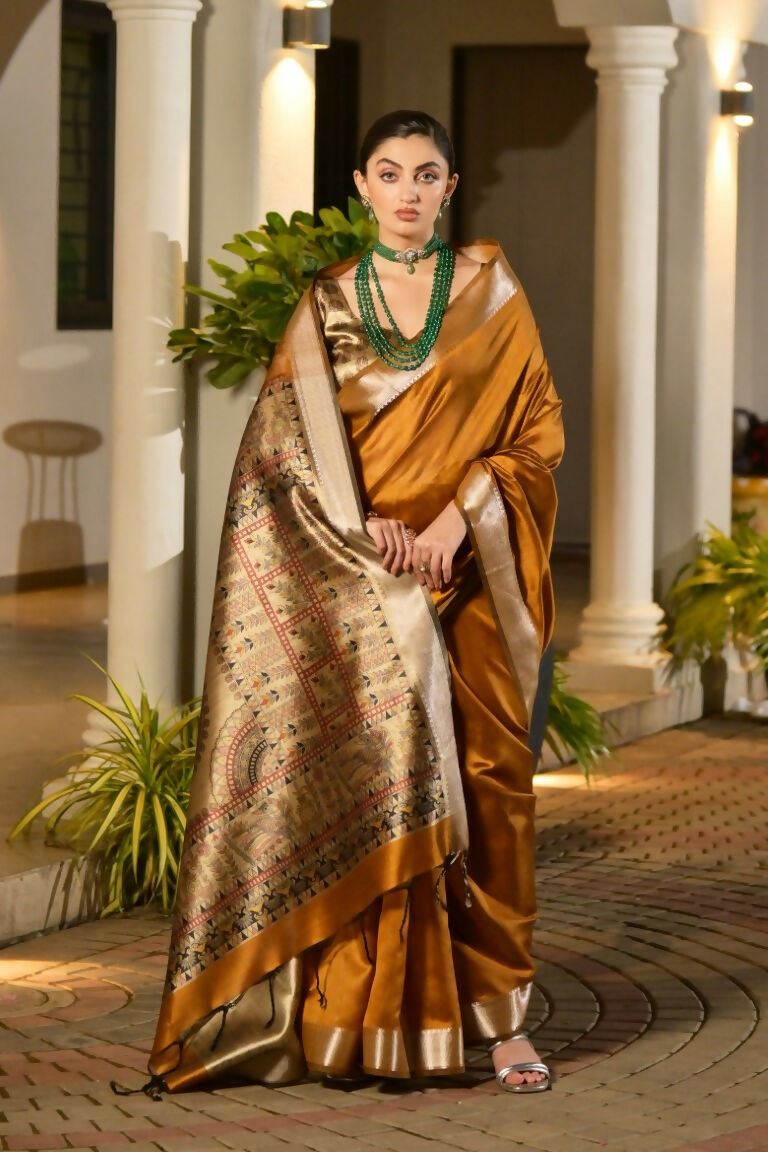 Vishnu Weaves Women's Yellow Soft Tussar Silk Printed Saree with Blouse - Swadesiicart