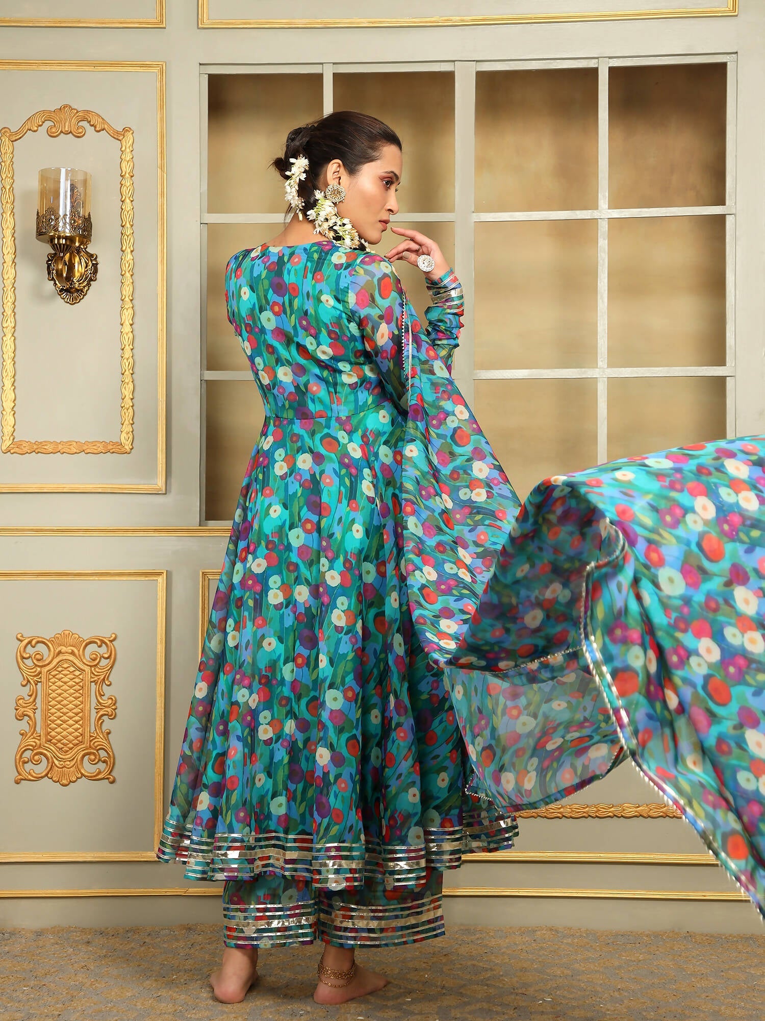 Pomcha Jaipur Blue Saadgi Phulwari Anarkali Set | Swadesiicart