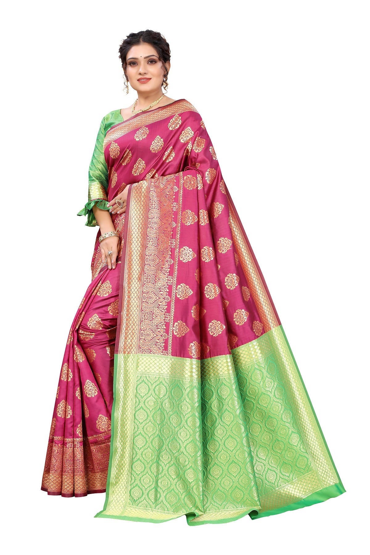 Vamika Ethnic Fire Pink Weaving Banarasi Jacquard Saree | Swadesiicart