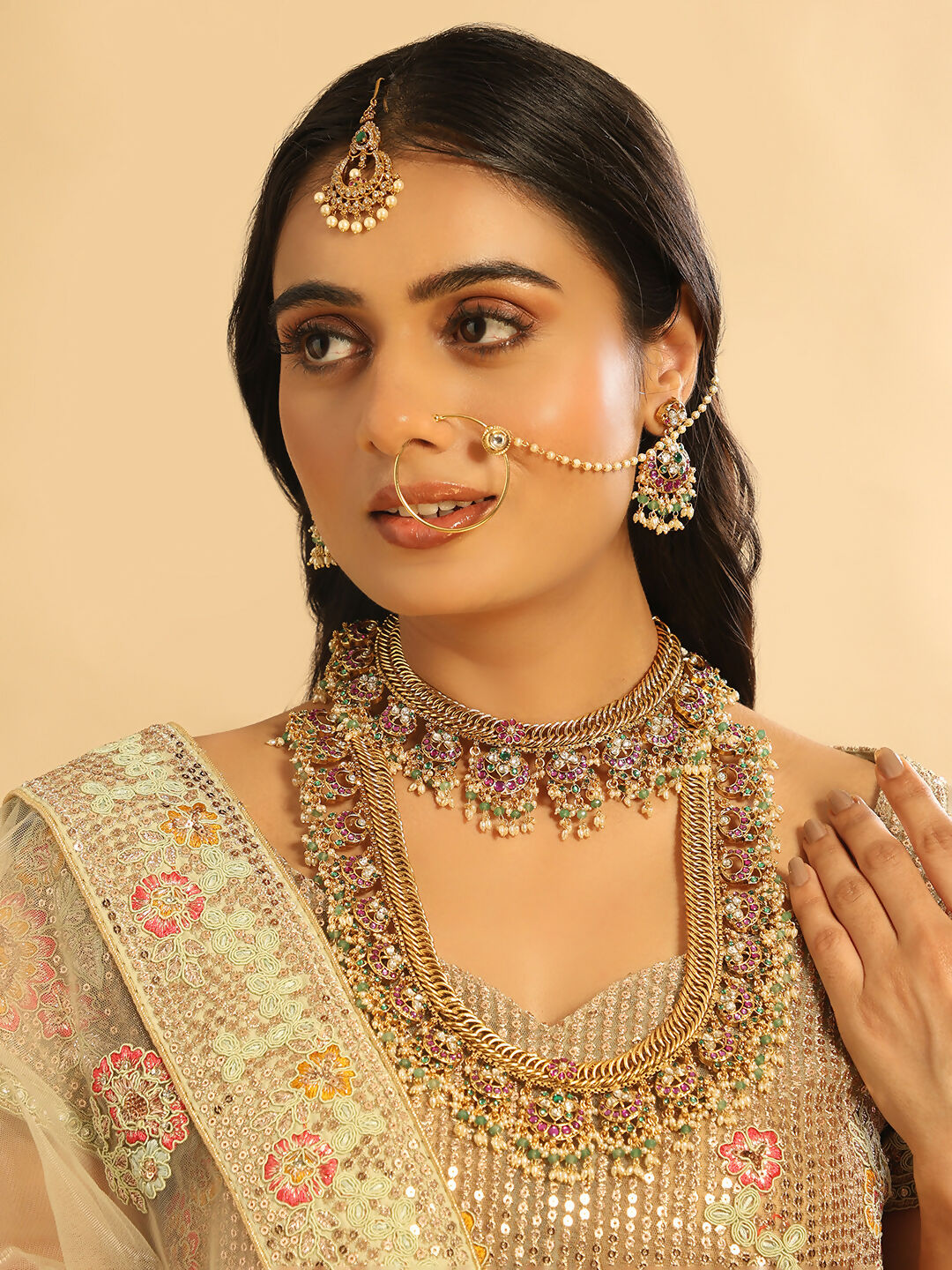 Nuyug 18K Gold Plated Estele Gold Tone Beaded Long Necklace Set | Swadesiicart