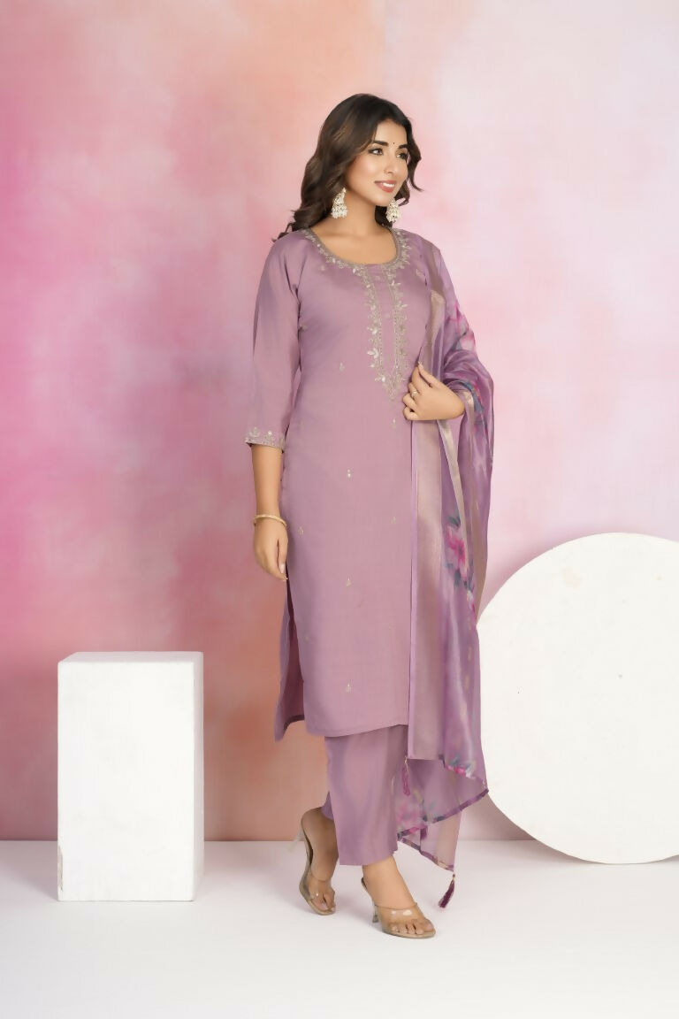 Ethnic Festive Wear Viscose Chanderi Purple Stitched Suit With Dupatta - Tanisha | Swadesiicart