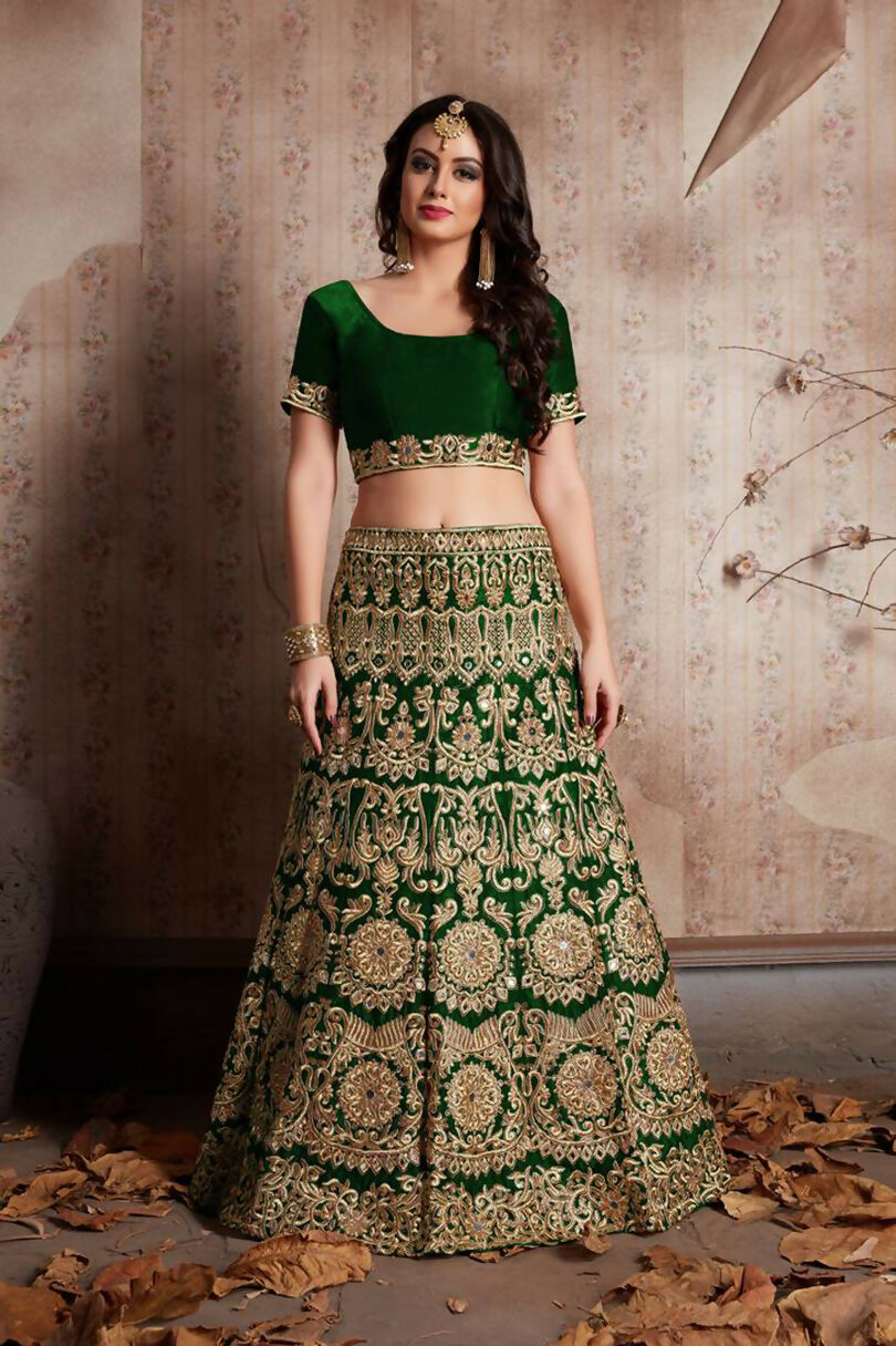 Jyoti Fashion Mesmerizing Green Sequins Embroidered Velvet Lehenga Choli with Dupatta | Swadesiicart