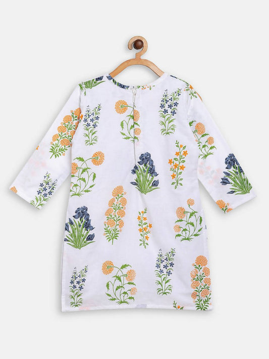 Ahalyaa White Cotton Straight Floral Printed Kids Kurta Pant Sets With Dupatta For Girls | Swadesiicart