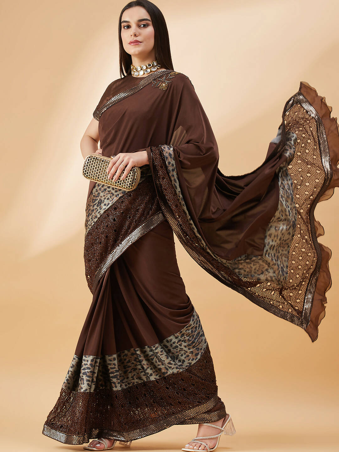 Brown Lycra Animal Print, Fancy Value Addition Fabric Saree - Norita Hit Design - Swadesiicart