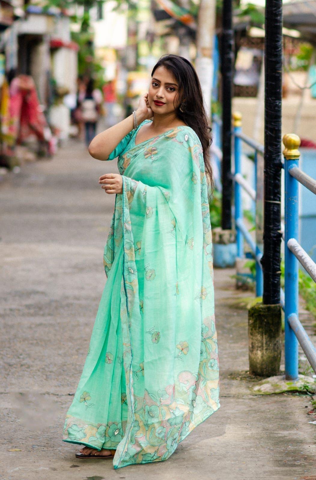 SeaGreen Pure Linen Ethnic Motifs Saree with Unstitched Blouse - Hiral Fashion | Swadesiicart