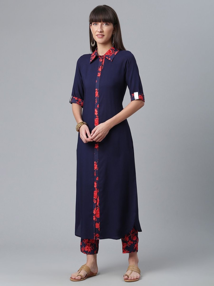Ahalyaa Navy Blue Solid Rayon Kurta Pant Set | Swadesiicart