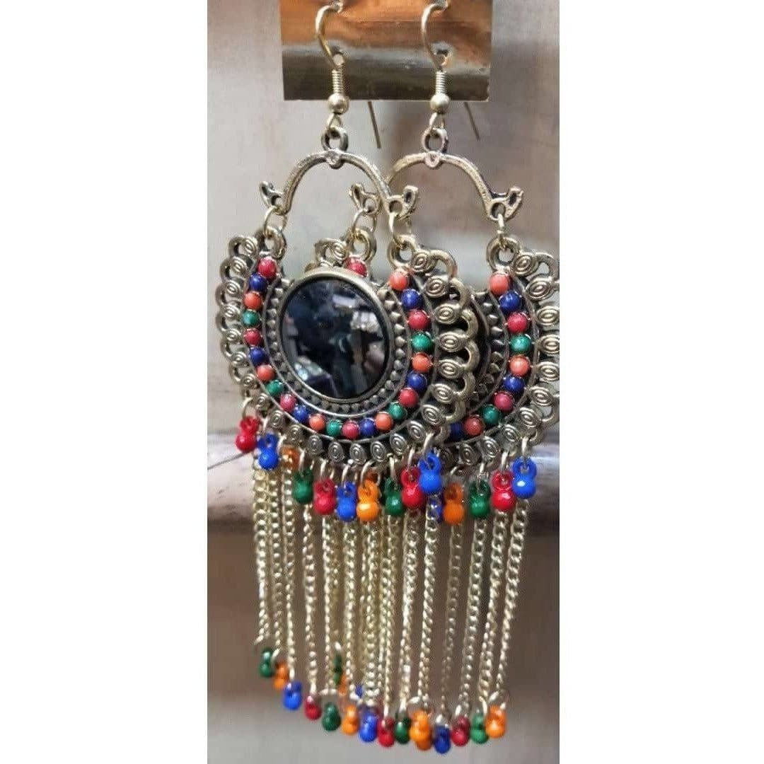 MS Fashion India Long Afghani Chandbali with Multi Color Beads And Stone Alloy Chandbali Earrings | Swadesiicart