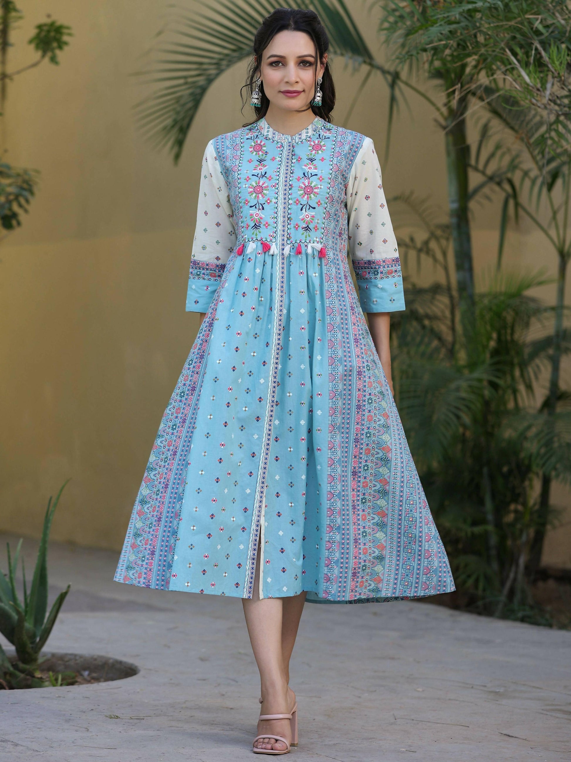 Juniper Women's Skyblue Cambric Printed Flared Dress | Swadesiicart