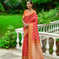 Vishnu Weaves Women's Red Handloom Raw Silk Zari Woven Saree with Blouse - Swadesiicart