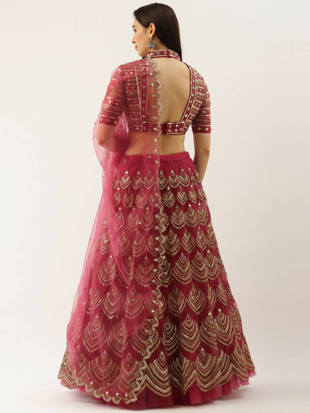 House of Panchhi Women Rosegold Net Embroidered Mirror Lehenga & Blouse with Dupatta | Swadesiicart