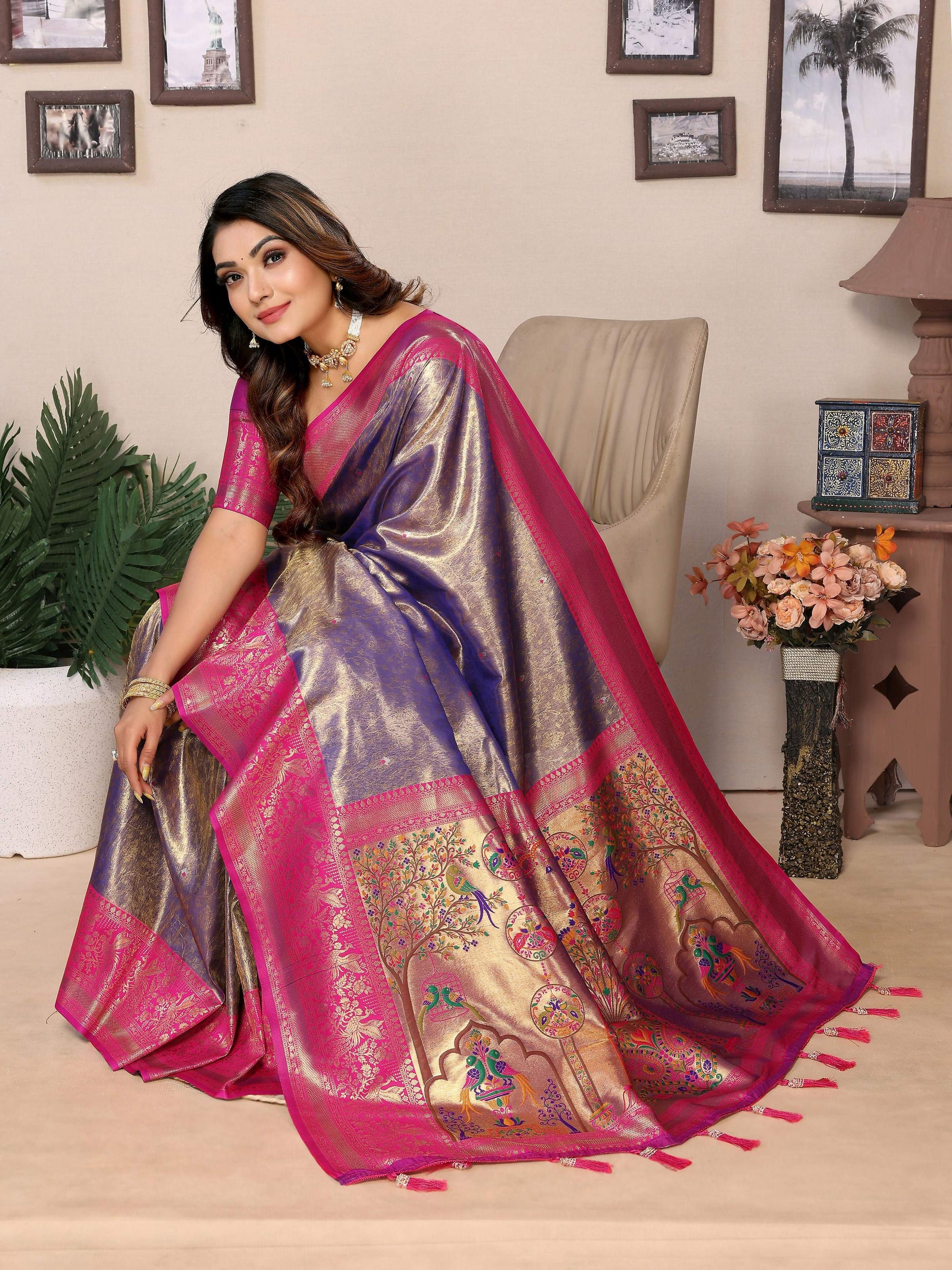 Aastha Fashion Purple Tissue Silk Weaving Saree