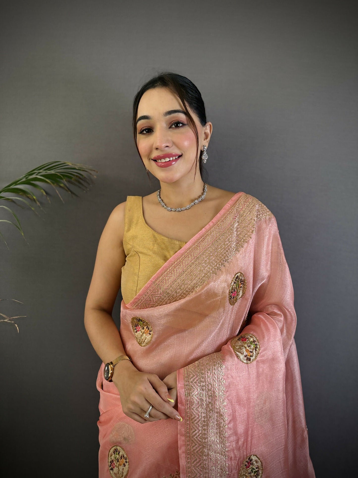 Joban Fashion Baby Pink Handloom Banarasi Organza Silk Khatali Butta Work Saree | Swadesiicart