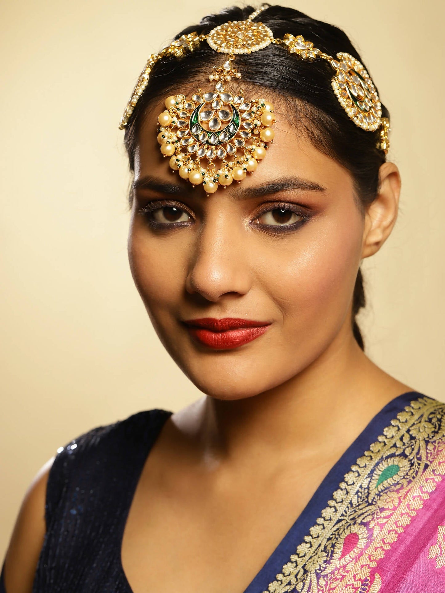 Gold-Polished White Kundan-Studded Pearl Beaded Matha Patti - Ruby Raang | Swadesiicart